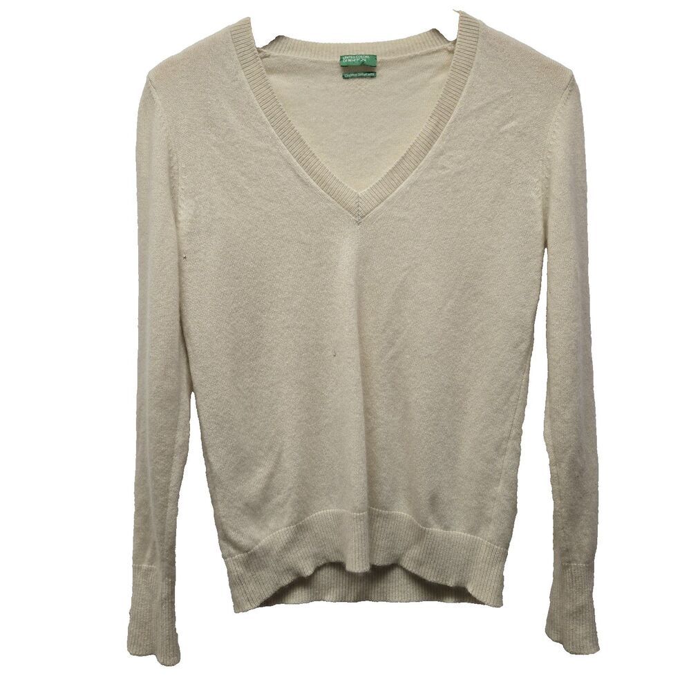 Vintage United Colors of Benetton V Neck Cashmere Sweater Cream Ivory Womens Med